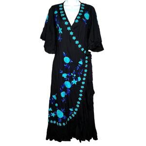 Pink and Silver ML Womens True Wrap Embroidered Dress Ruffle Black Aqua